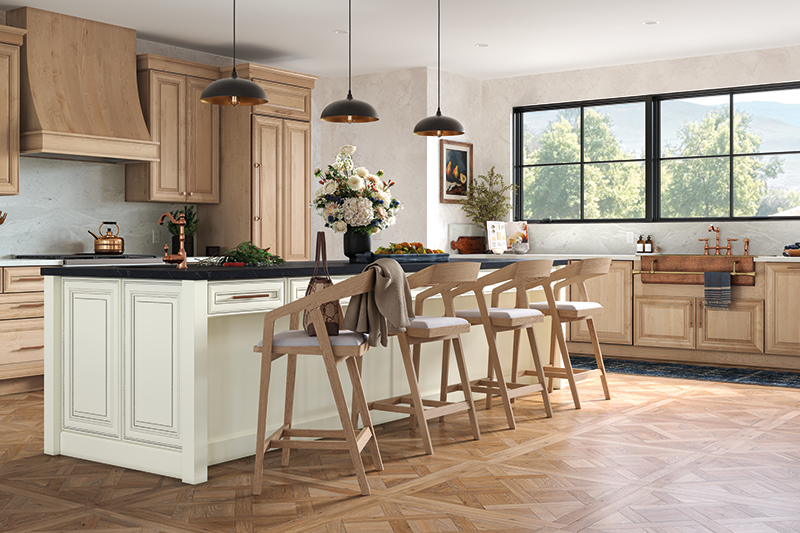 An open kitchen design featuring a kitchen island with a floral bouquet, snacks, and comfortable stools with backs.