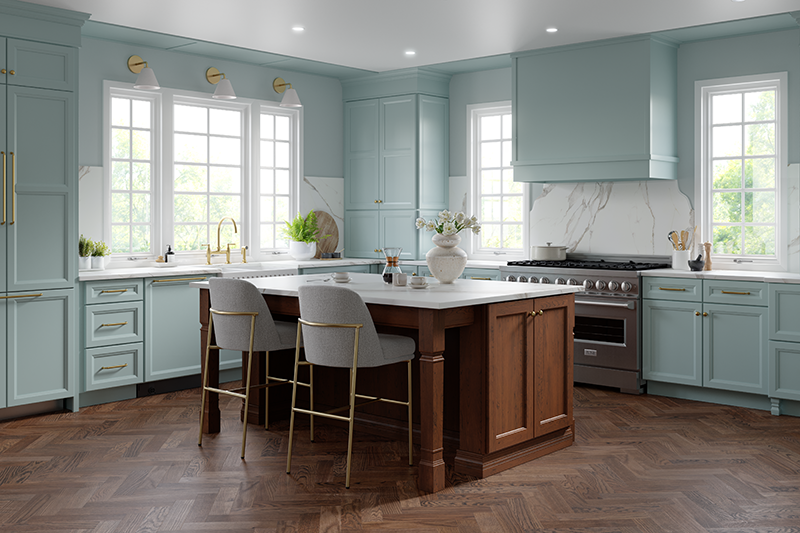 A kitchen with pretty light-blue cabinetry that match the light-blue walls, and accents of marble countertops and backsplashes. The kitchen island is a deep wooden tone, with golden accents on the barstools,that complement the handles of cabinets and hardware of the lighting fixtures. 