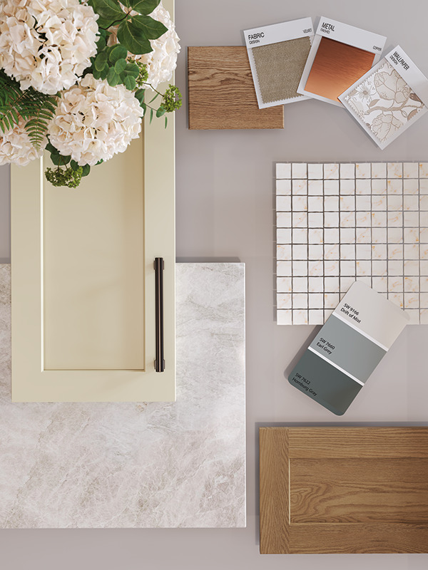 This image shows a flatlay with grey paint swatches, light marble tile, and wooden cabinet samples in light tones. It cohesively creates a stylized shot with hydrangea flowers at the top left corner. 