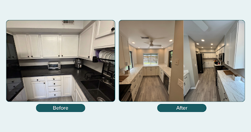 This photo shows a "before" and "after" of a kitchen remodel, side by side. To the left is the "before," with the most dramatic detail being the black countertops. On the right is the "after" image, which features a light colored marble countertop, making the room appear much lighter. 