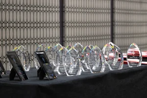 glass awards at a table.
