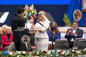 Supervisor Horvath swearing in at the podium