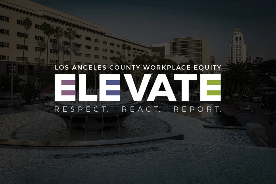 Los Angeles County Workplace Equity Elevate Repect, React, Report Logo.