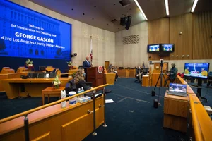 LA County virtual oath for new DA George Gascon Dec. 7, 2020 – Virtual oath of office for District Attorney George Gascón Photo by Bryan Chan / Board of Supervisors