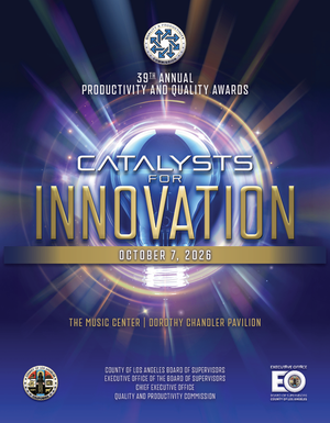 Event program cover with a dark blue and purple abstract background featuring beams of light and a glowing spherical graphic, a circular logo at the top reading 'QUALITY & PRODUCTIVITY COMMISSION', text reading '39TH ANNUAL PRODUCTIVITY AND QUALITY AWARDS', large title 'CATALYSTS FOR INNOVATION', date 'OCTOBER 7, 2026', venue 'THE MUSIC CENTER | DOROTHY CHANDLER PAVILION', and bottom text reading 'COUNTY OF LOS ANGELES BOARD OF SUPERVISORS EXECUTIVE OFFICE OF THE BOARD OF SUPERVISORS CHIEF EXECUTIVE OFFICE QUALITY AND PRODUCTIVITY COMMISSION', with Los Angeles County and Executive Office of the Board of Supervisors logos at the bottom corners