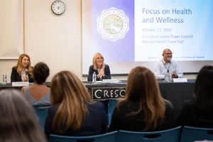 Supervisor Barger speaking at a panel in the Crescenta Valley Mental Health Awareness Month Town Hall