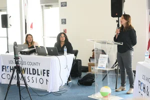 A group of people sitting at tables at an event while a woman speaks to them.