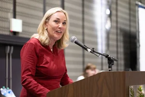 Supervisor Barger speaking at a podium.