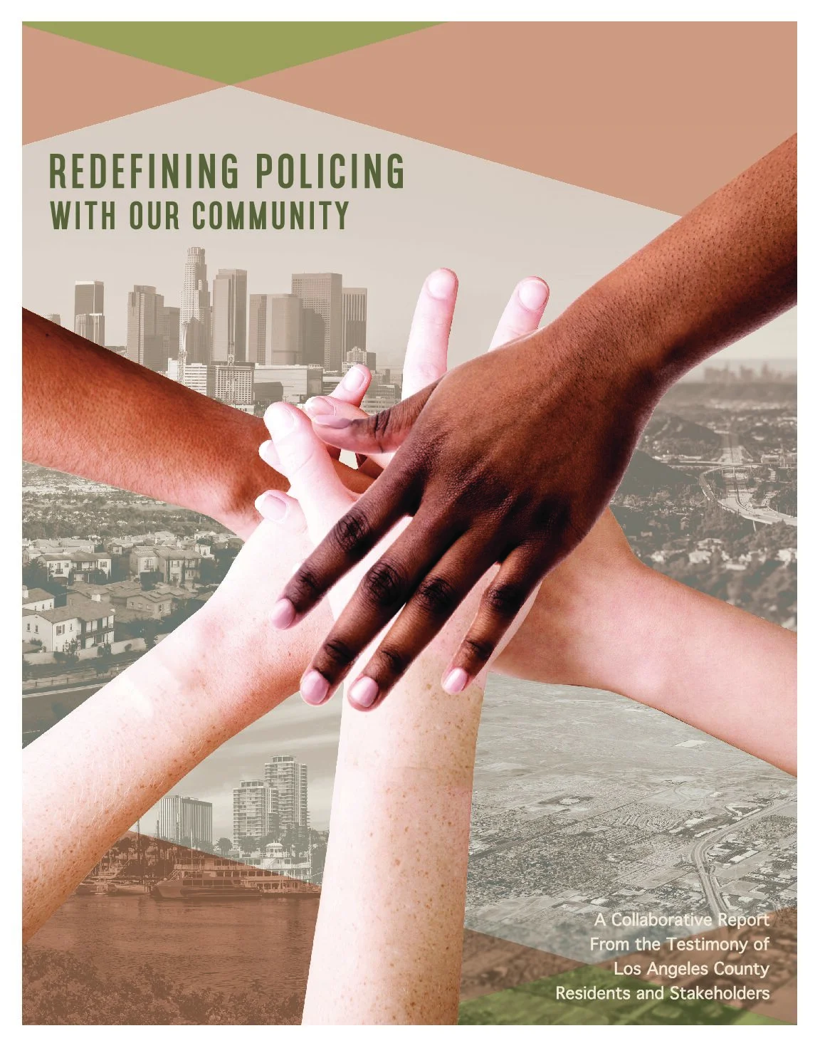 redefining policing cover photo of diverse hands grouping together.