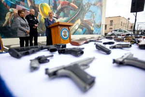Supervisor Hahn speaking at a podium at the "Gun Buy Back" event
