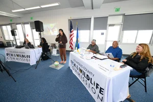 A group of people sitting at tables at an even while a woman speaks to them.