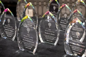 Glass awards setup on a table.