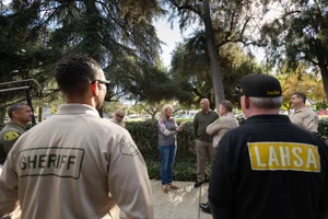 Supervisor Barger speaking to workers at "Michilinda Park"