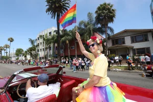 Supervisor Hahn waving a flag in the car at the LB Pride parade