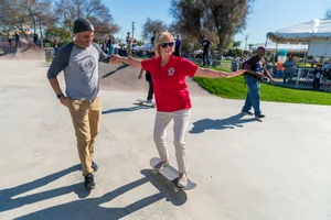 Supervisor Hahn skateboarding at the Mayberry Skate Park Grand Opening