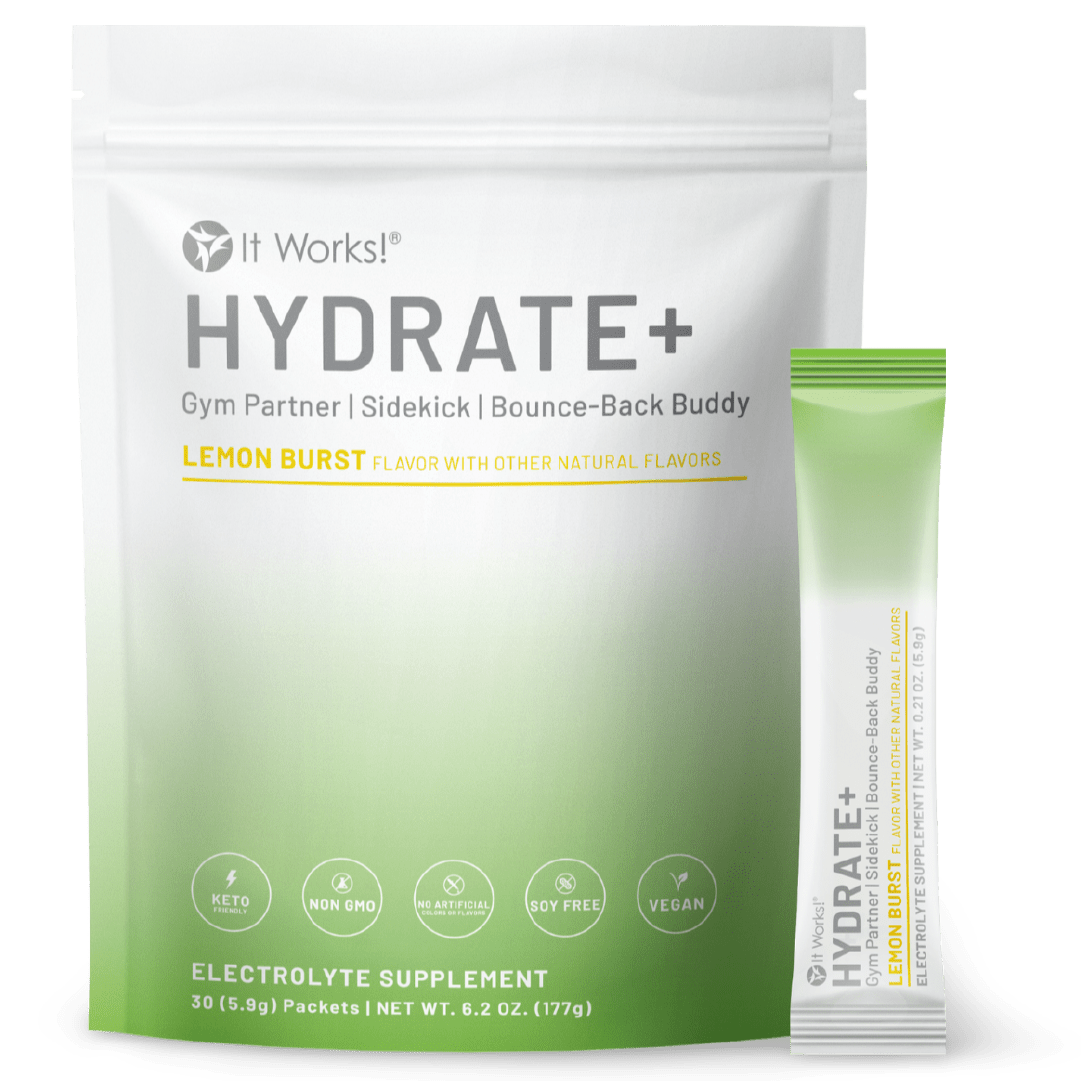 A bag of IT WORKS! Hydrate+ - Lemon Burst and a single serve packet