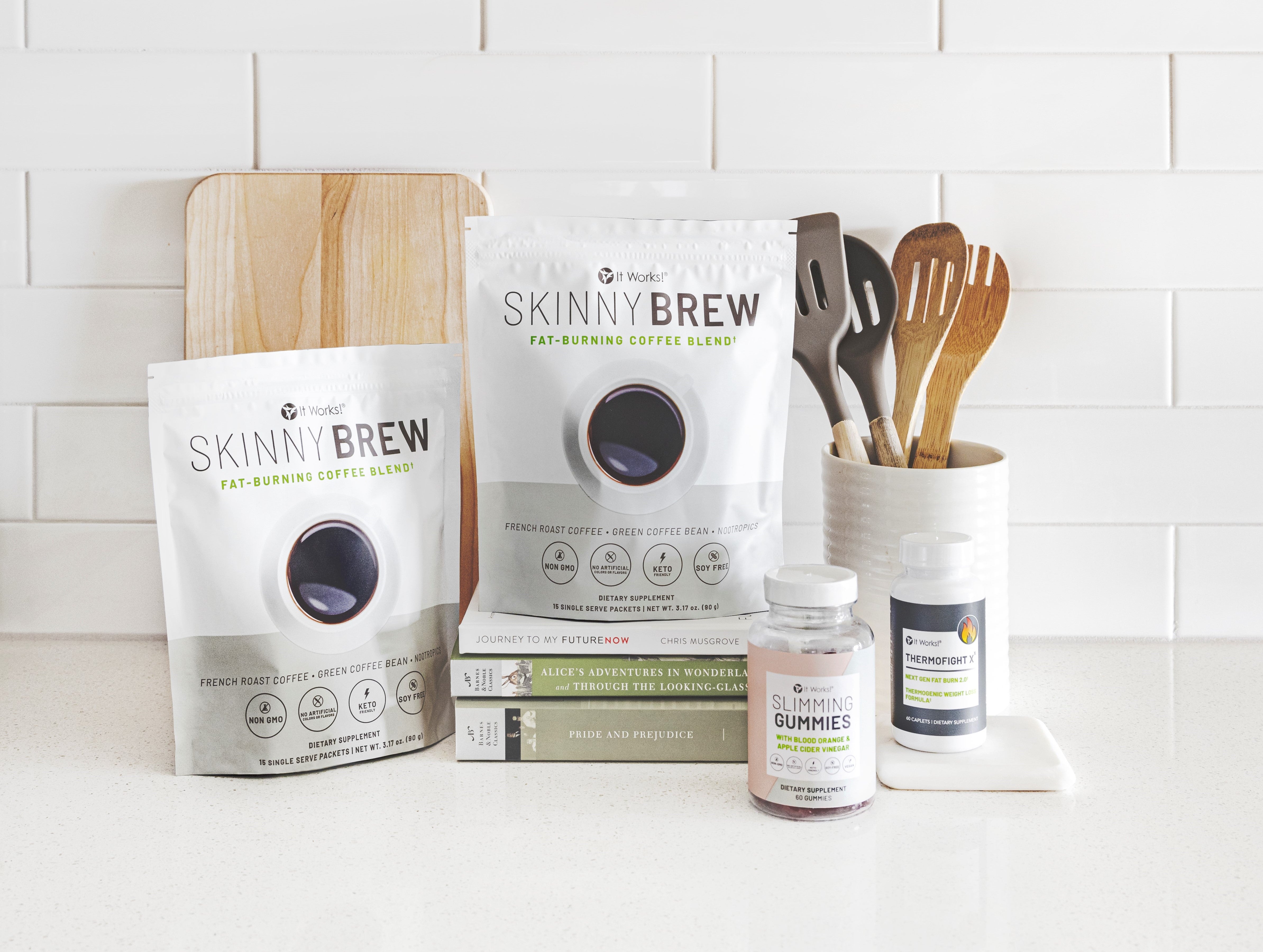 Skinny Brew, Slimming Gummies, Thermofight Xx on counter