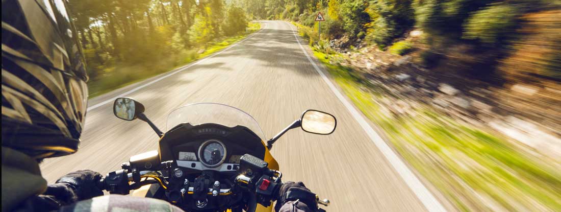 Person riding a motorcycle on a winding road through a sunlit, tree-lined landscape. Find Gap Motorcycle Insurance.