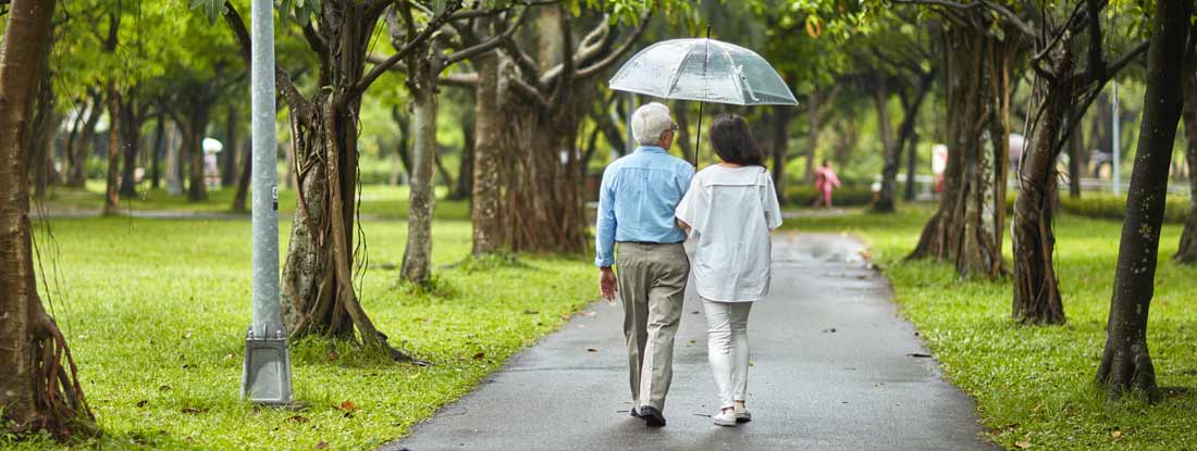 Couple Walking in park With Umbrella. Traditional long term care insurance.