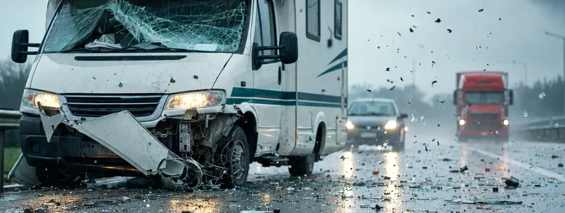 RV accident on rainy highway. RV Collision Insurance: 2026 Guide.