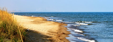 Lake Michigan's blue waves crash along the Indiana Dunes National Lakeshore