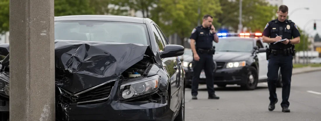 Police Investigate Urban Sedan Crash. Does Car Insurance Cover Hitting a Pole in 2026?