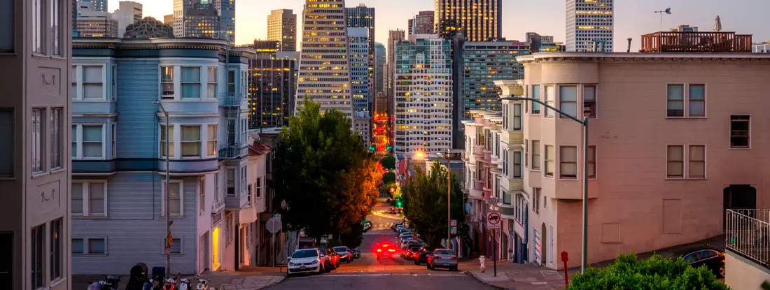 Downtown San francisco at sunrise. Find San Francisco, California renters insurance.