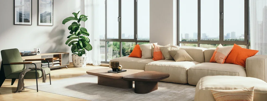 Modern Living Room in Condominium with Large Windows and Neutral Decor. Condo Insurance vs. Homeowners Insurance.