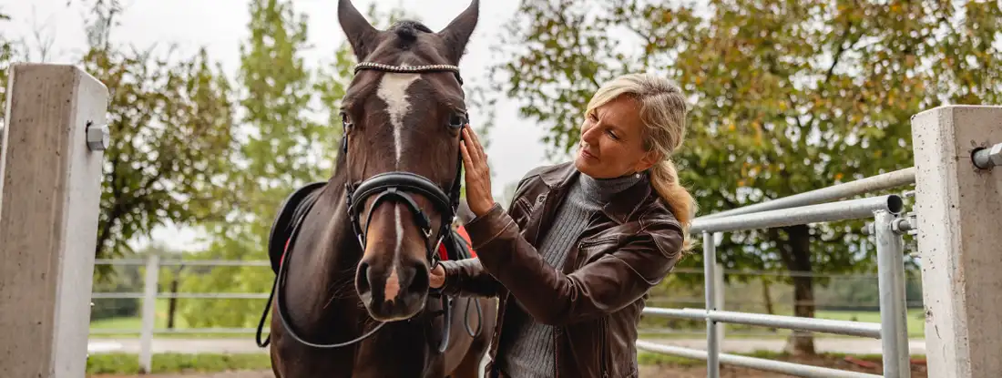 Horse Trainer Leading A Horse Out Of The Riding Arena. Horse Trainer and Riding Instructor Insurance.
