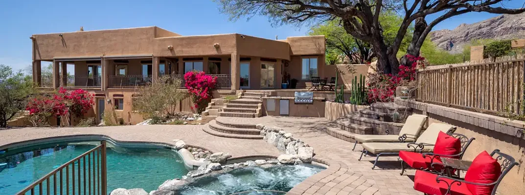 Swimming pool with terraced patio. Find Tempe, Arizona homeowners insurance.