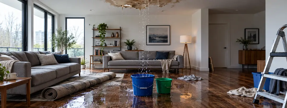 Apartment interior damaged by roof leak with water damage. Does Renters Insurance Cover Mold Damage in 2026?
