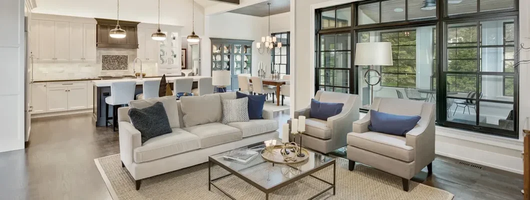 Homeowners Insurance in Bethany, Oregon. Open floorplan in new luxury home with black trim windows.