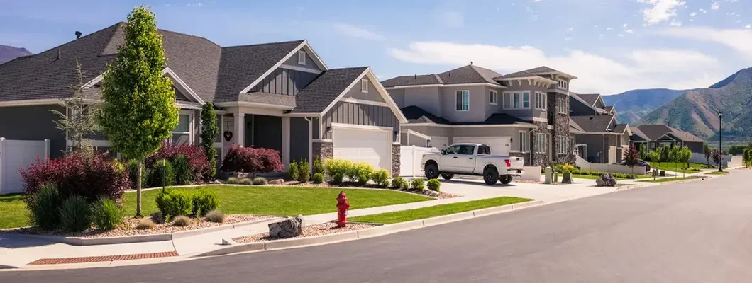 A street of modern houses in a development south of Salt Lake City in Utah. How to File Umbrella Insurance Claims.
