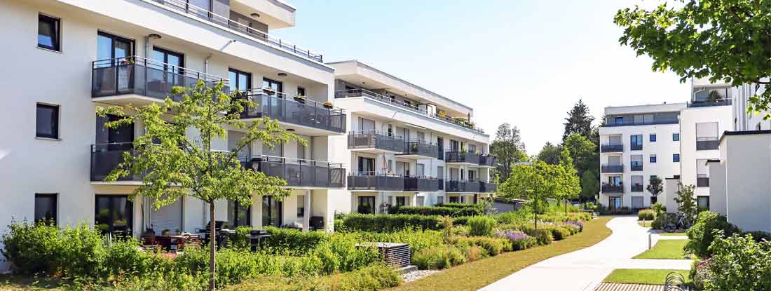 Residential area with apartment buildings in the city. HO4 Tenants Form.