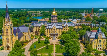 The University of Notre Dame Campus with Golden Dome, Basilica of the Sacred Heart, and Washington Hall.