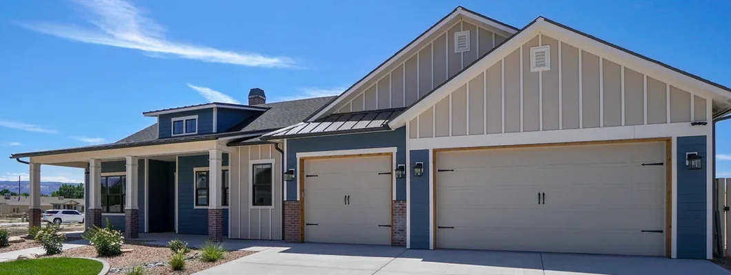 Modern Real Estate Blue and White Color Scheme with landscaping Garage View. Farmington, Utah Homeowners Insurance. 