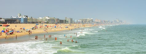 Ocean City, Maryland Skyline And Tourists On Beach