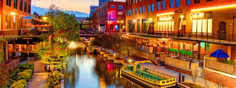Evening view of the Bricktown Canal east of downtown Oklahoma City, Oklahoma