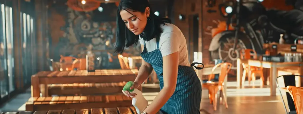 Woman disinfecting the tables while working in a restaurant. Find Mililani Mauka Hawaii business insurance.