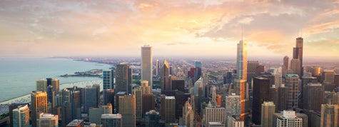 Chicago skyline at sunset time aerial view