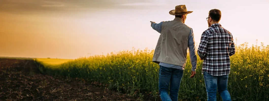 Two farmers walking on a farmland at unset and talking. How Accurate Is the Farmer's Almanac?