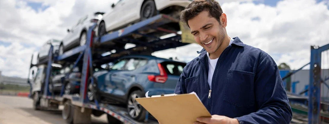 Man working at a commercial dock and shipping cars to the dealerships. Find Car Hauler Insurance.
