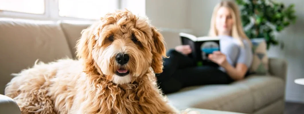 Woman with dog reading at in apartment. What Pet Liability Issues Can A Landlord Face?