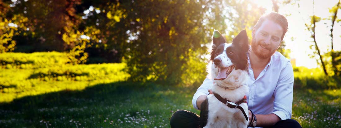 Man embracing his dog in the park. Multi-million dollar lawsuit insurance.