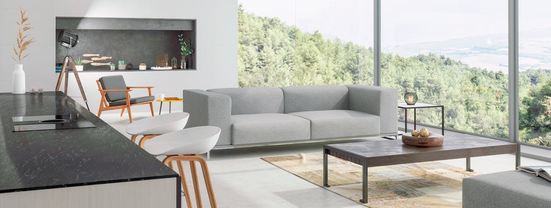 Modern living room and kitchen interior of condo with nature view. Find Idaho Condo Insurance.