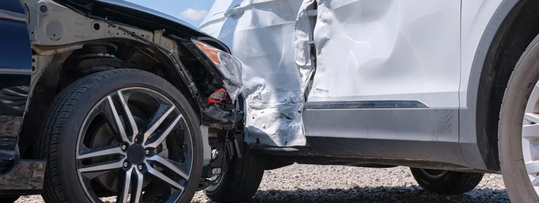 Damaged cars in accident after collision on city street. Subrogation in Insurance.