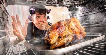 Housewife overlooked turkey in the oven, so she had scorched, view from the inside of the oven