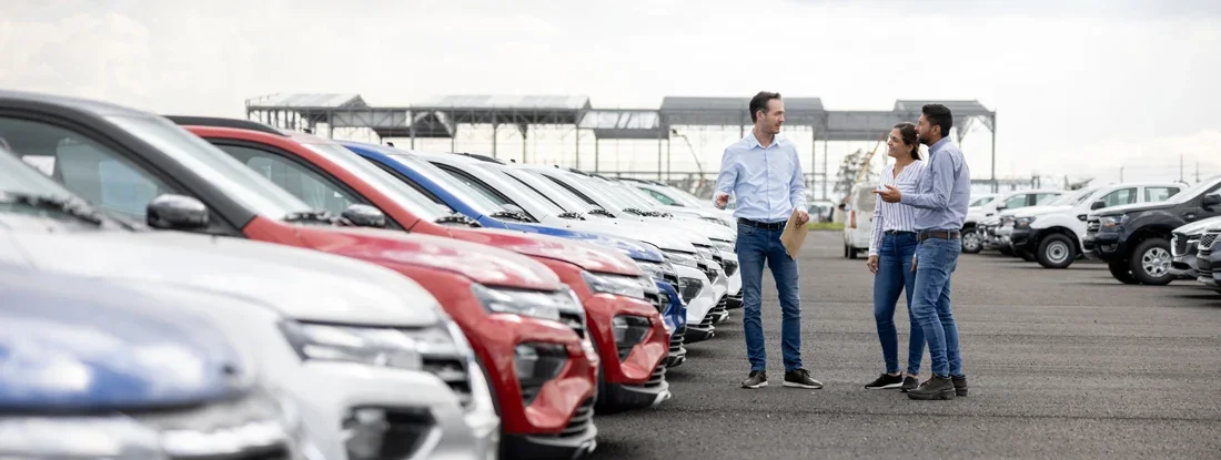 Salesman showing cars to a couple at the dealership. How to Calculate Car Depreciation.
