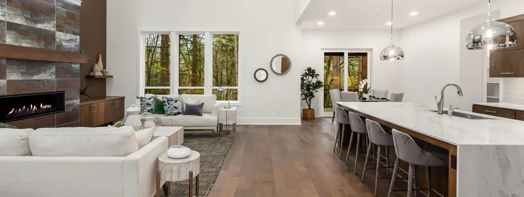 Kitchen and living room in newly constructed luxury home. Presque Isle, ME Homeowners Insurance. 
