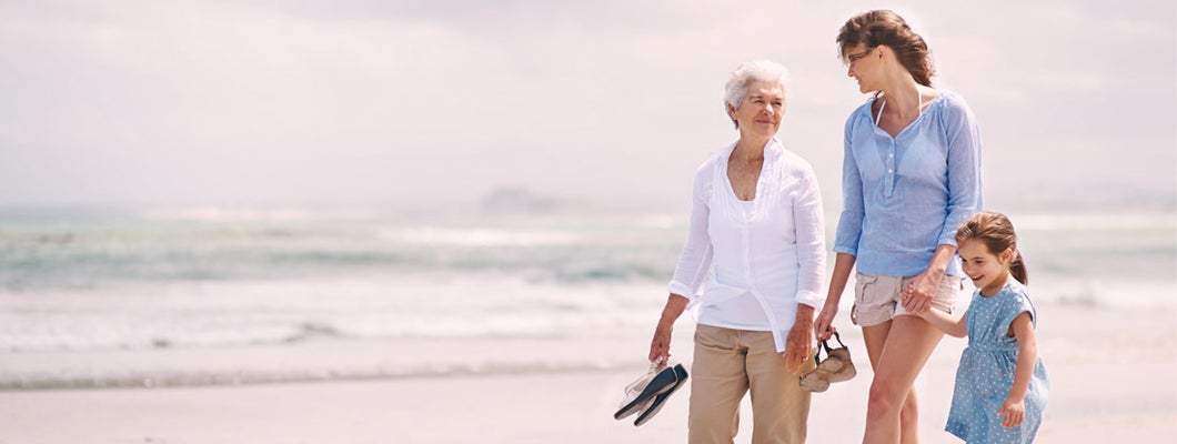 Generations of women, a grandmother, mother, and granddaughter, walking together on a beach. Buying life insurance for your parents.